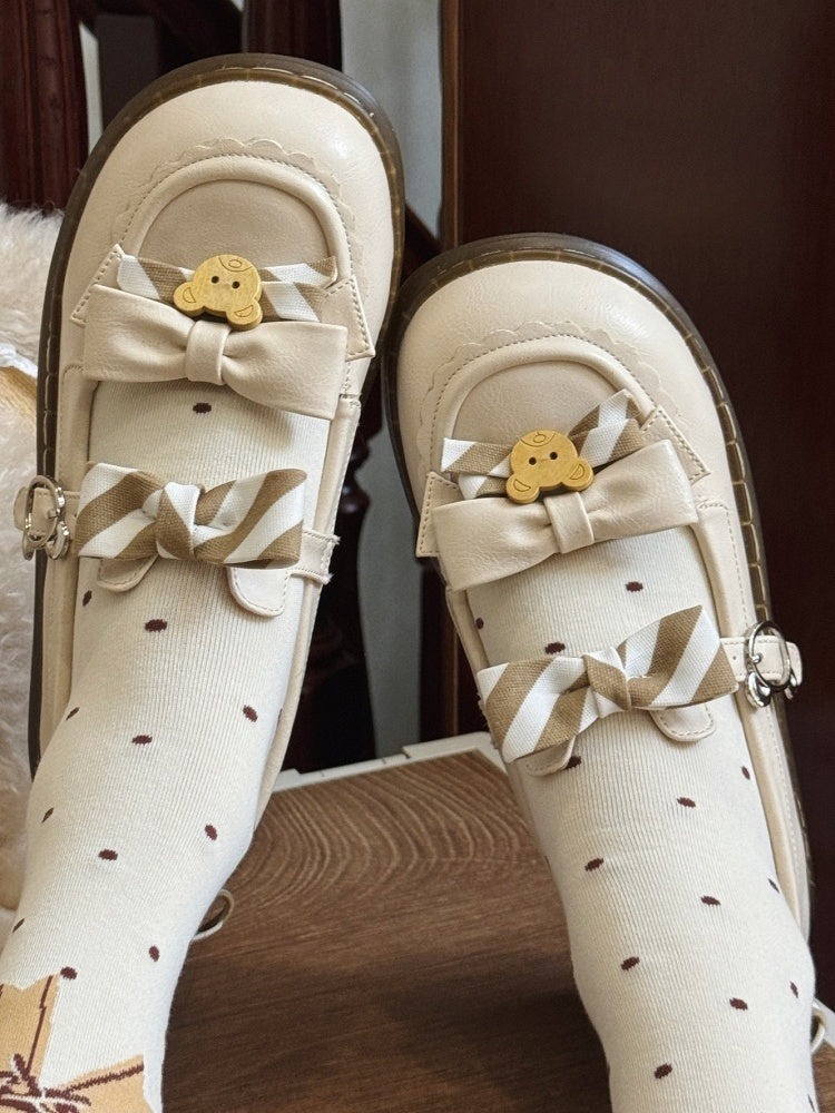 Pattern PU Details Off-white 2cm - Striped Shoes Bow Lolita Bear
