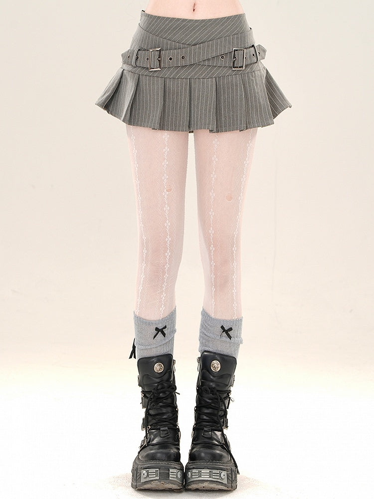 バックルストラップ クロススカート ミニ グレー ストライプ プリーツ