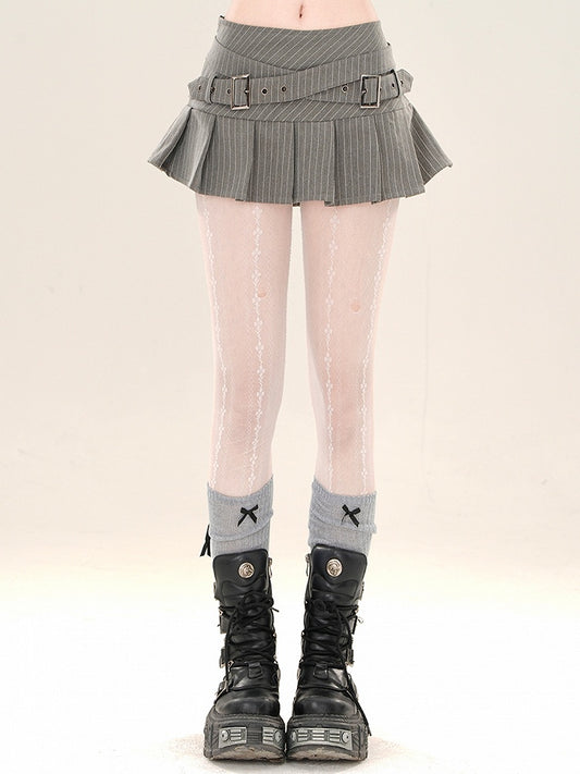 バックルストラップ クロススカート ミニ グレー ストライプ プリーツ