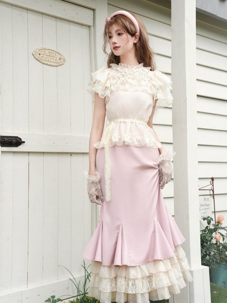 Bluse Rüschenkleid Stufen Meerjungfrau Slip Saum Beige + Pink