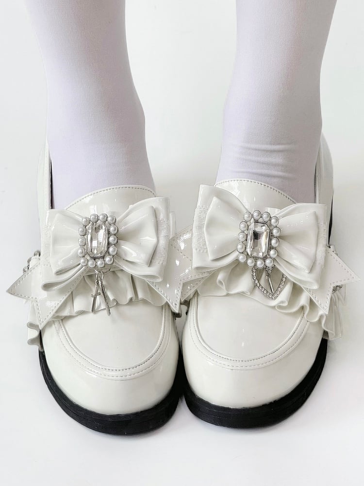 Leather Heels Rhinestone Bead PU Kei with Low Bow Jirai Polished White