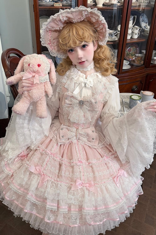 Kleid und Taillen-Lagenpullover abnehmbar mit Hanayome Pink Bows Ausschnitt Rock Lolita Hime auf