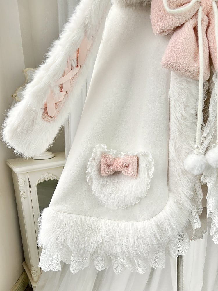 Plush Hooded Lace Oversized with Bunny Bows Winter and Pink White Ears Cape Trim