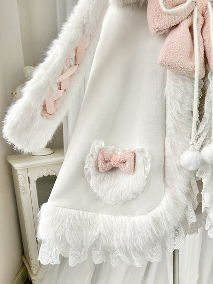 Plush Hooded Lace Oversized with Bunny Bows Winter and Pink White Ears Cape Trim
