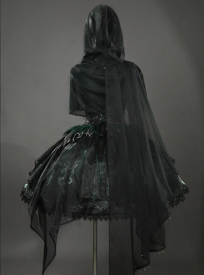 Black & Green Bone Dragon Embroidery Halter Neck Gothic Lolita Dress Set - Ying Luo Fu