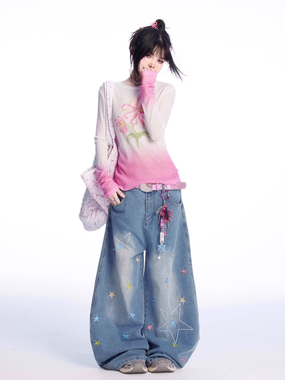 グラデーションピンクのラウンドネックフローラルプリントカバーアップ