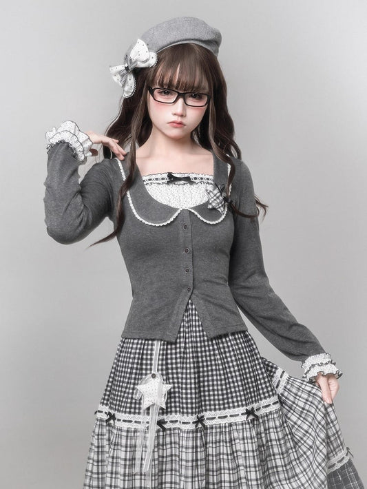 Kei Jirai Polka Knit Gray Fake Top Two-Piece Star with Brooch Dot