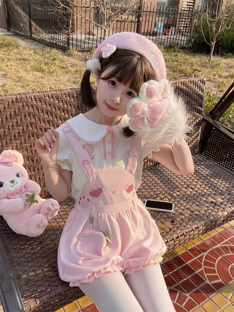 Adorable Bunny Design Pink Overalls Bubble Shorts
