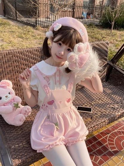 Adorable Bunny Design Pink Overalls Bubble Shorts