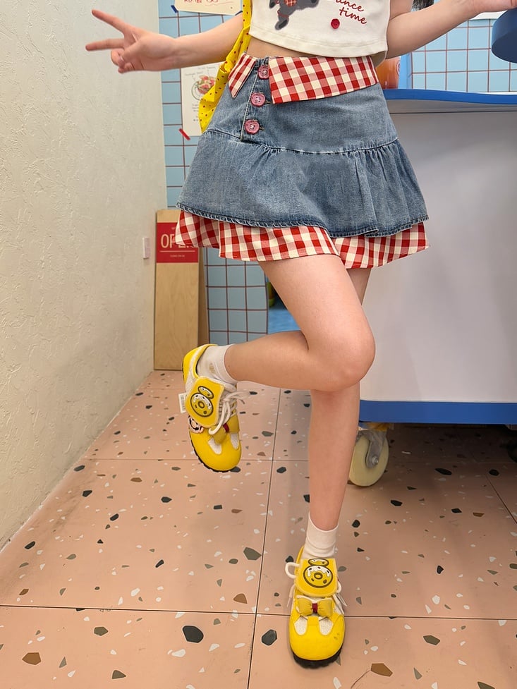 ツーピース ティアードデニムスカート レッドチェックヘム ブルーハイウエストフェイク