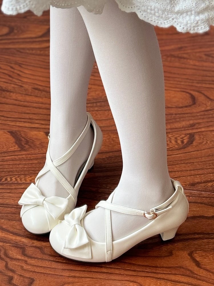 Mary Heeled at 6cm Top Crisscross PU White Janes Bow Elegant Design -