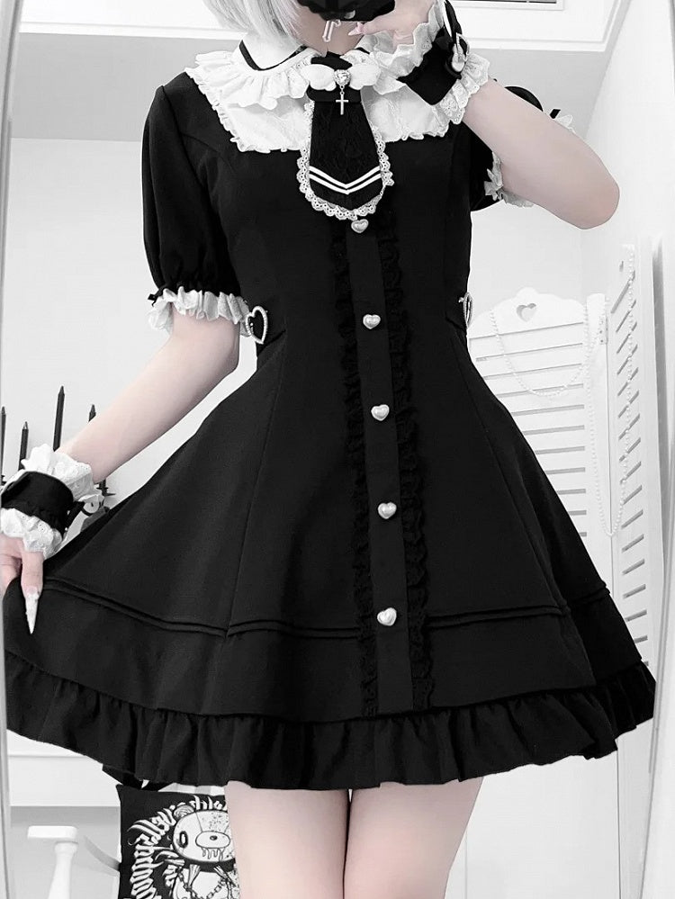 Tie Jirai Kei Set- Wrist + Black Available Lace Trim Dress + Cuffs Size Plus Shorts