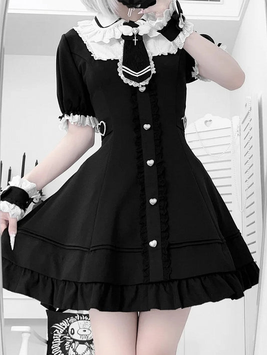 Tie Jirai Kei Set- Wrist + Black Available Lace Trim Dress + Cuffs Size Plus Shorts