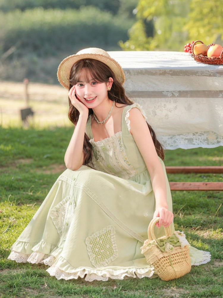 Mori Kei Green Floral Applique Sleeveless Dress