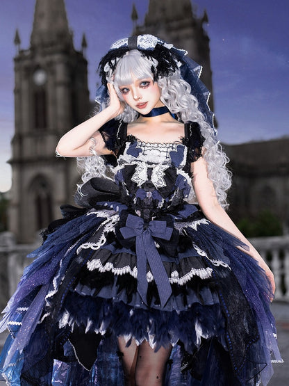 Dark Blue Swan Feather Accented Lolita JSK Dress Set - Felinae Cookie