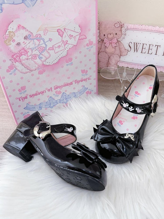 Cute Dog Theme Black Mary Janes in PU - Mid-heel Design, Bow at Top & Puppy Print Buckle Strap