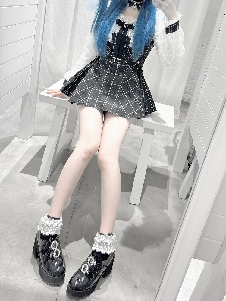 Kei Plaid Set: Matching Black Tie Jirai Shorts with Mini Dress Two-Piece Collar Beaded Waist / Side