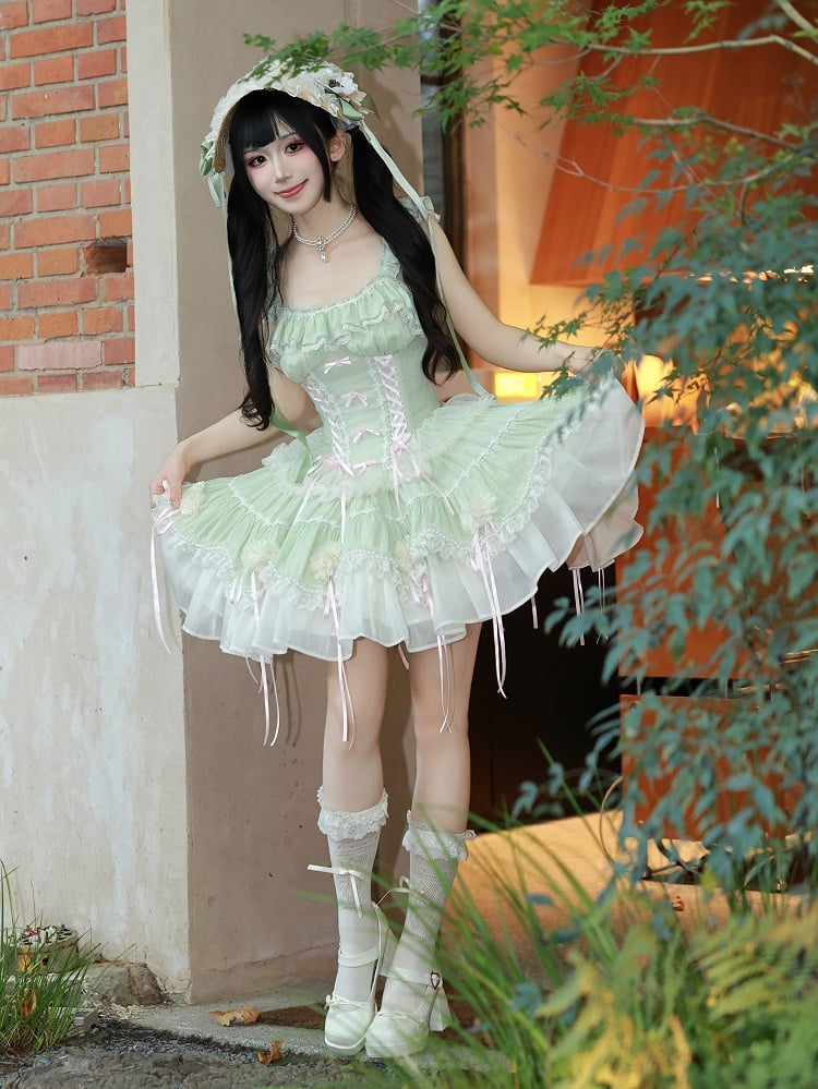 Fairy Light Green Boned Corset Waist Dress - Princess Lolita Jumper Skirt with Flowers - DevilInspired Exclusive Collection