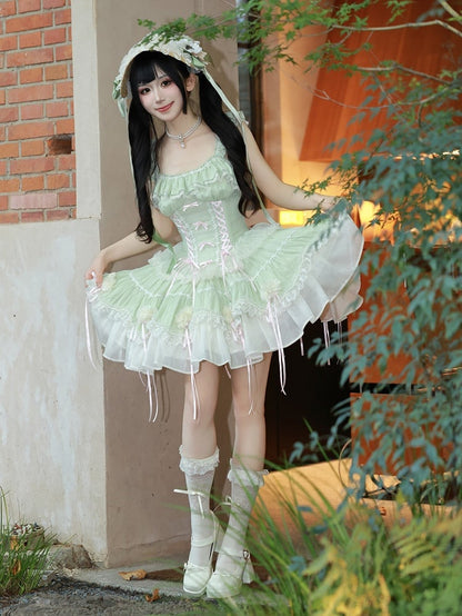 Fairy Light Green Boned Corset Waist Dress - Princess Lolita Jumper Skirt with Flowers - DevilInspired Exclusive Collection