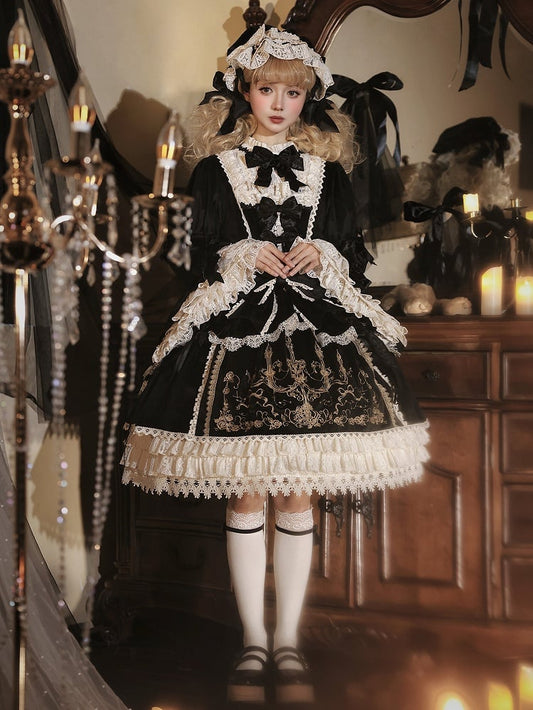 Candle Embroidery Bell-Sleeve Velvet OP Gown - Bramble Rose