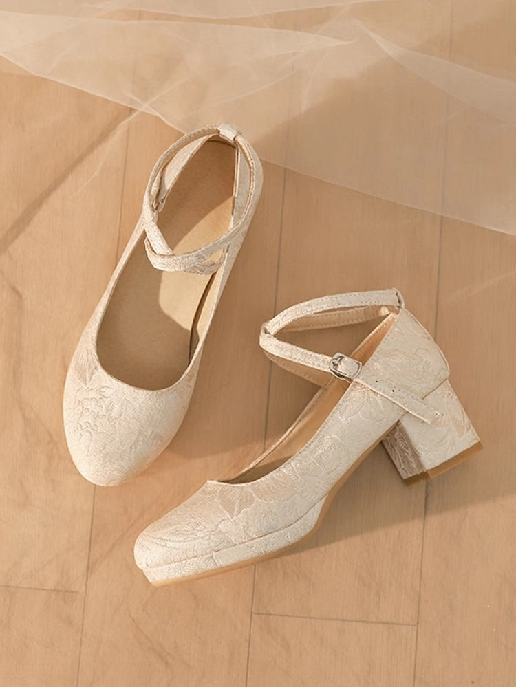 Qi Lolita Mid-Heel Crisscross Floral Beige Mart Design Pattern Janes - Satin