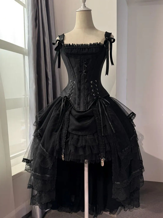 Black Lace-up Details Boned Corset Top + High-low Layered Lolita Skirt