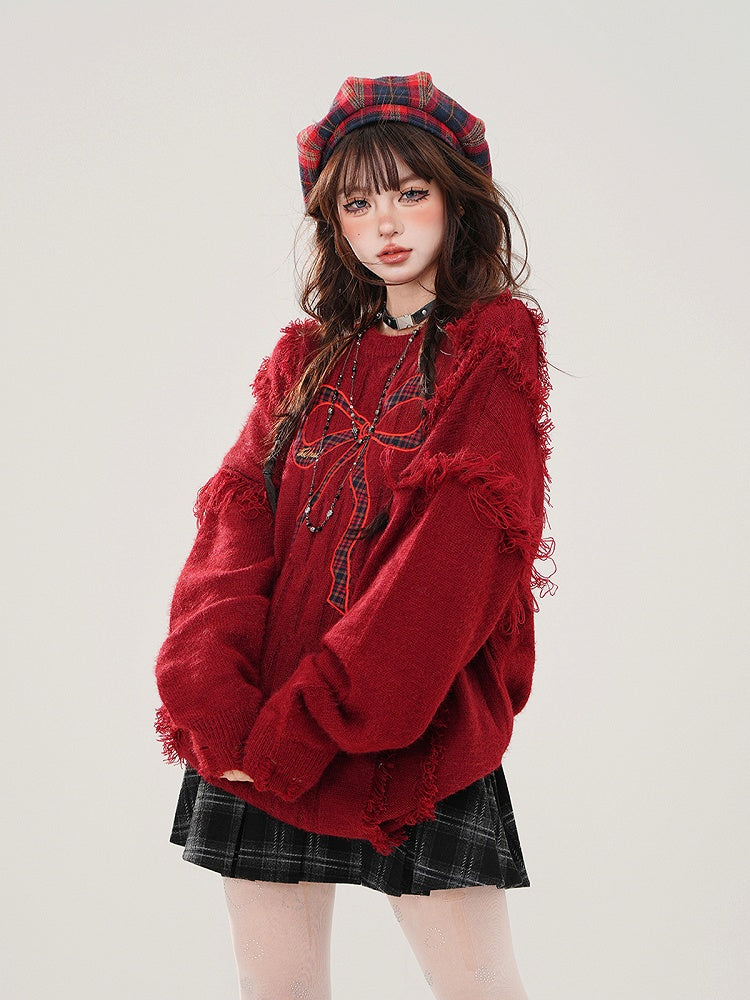 Plaid - Distressed Bittersweet Kawaii Bow Red Sweater Embroidery Hem