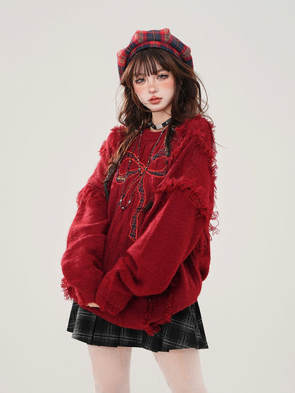 Plaid - Distressed Bittersweet Kawaii Bow Red Sweater Embroidery Hem