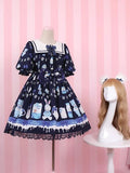 Cute Print Bear Light Blue/Navy Blue Sailor Collar Puff Sleeves