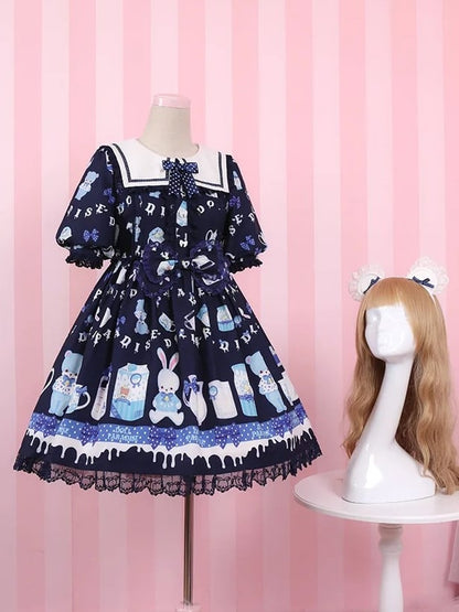 Cute Print Bear Light Blue/Navy Blue Sailor Collar Puff Sleeves