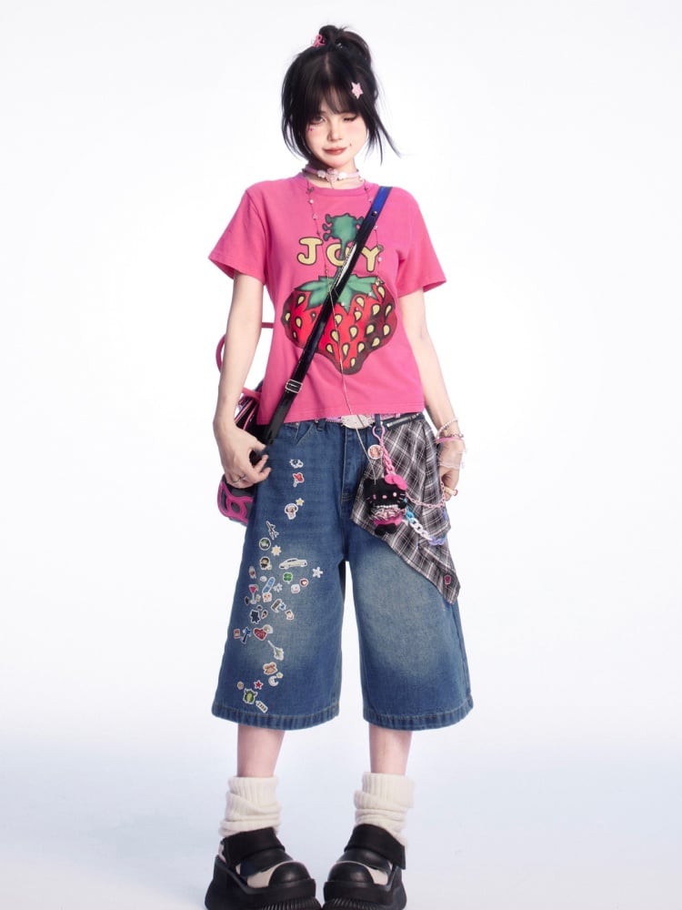 ヴィンテージTシャツ ローズレッド ラウンドネック ストロベリープリント