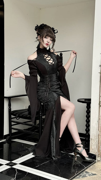 Black Open Shoulders Gothic Lolita Snakeskin Grain Top