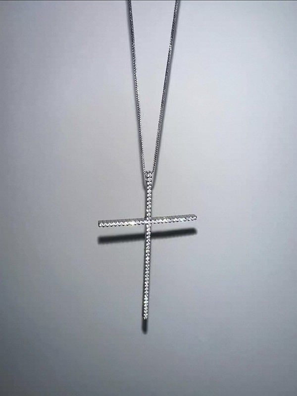Rhinestone Silver Long Cross Necklace