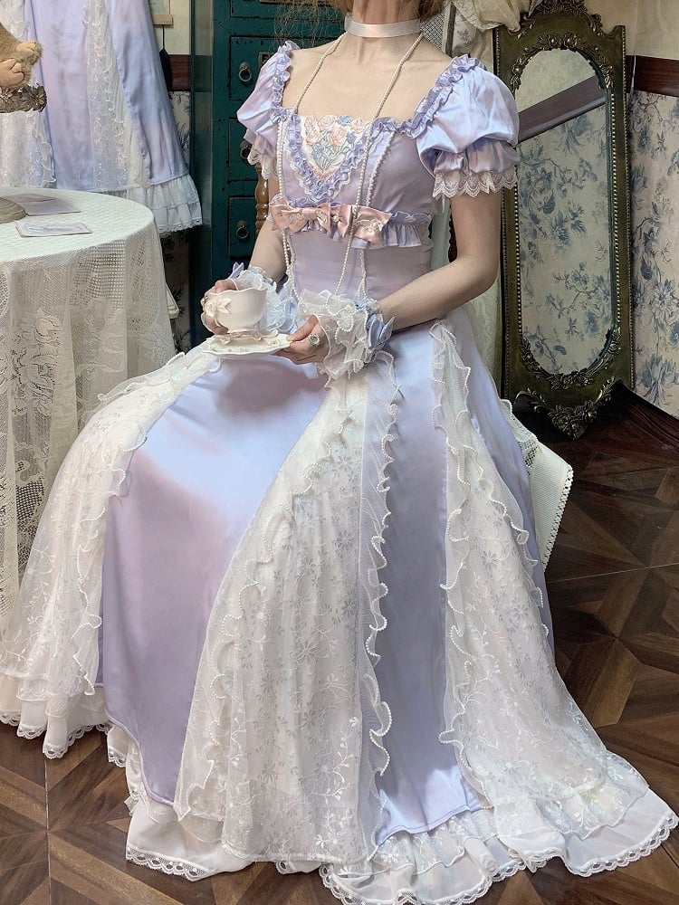 Blue Slim Fit Waist Floral Square Neckline Elegant Lolita Empire Dress BE005