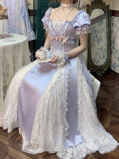 Blue Slim Fit Waist Floral Square Neckline Elegant Lolita Empire Dress BE005