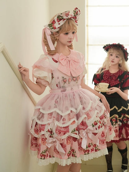 Strawberry Print Pink Sweet Peter Pan Collar Lolita One Piece Full Set