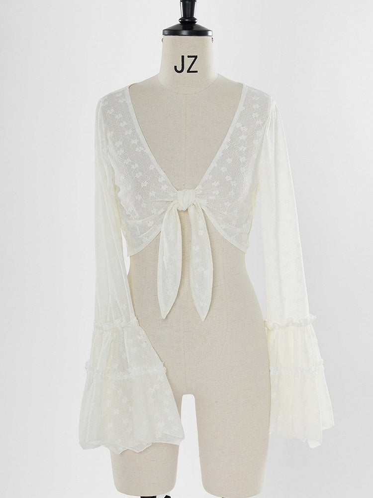 Sheer Bell Sleeve Cardigan with Self-Tie - Tan Tuan