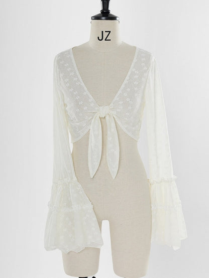 Sheer Bell Sleeve Cardigan with Self-Tie - Tan Tuan