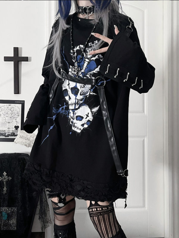 PU Subculture Print Top Heart with Straps Accents Chain Punk Blue Cuff Long-Sleeve Black