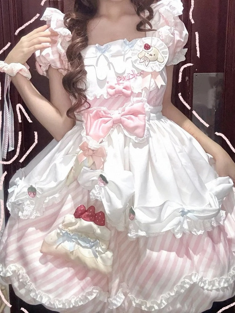Hairband Train + Set Stripe Bubble Dress Full Lolita with Skirt Sleeves Cake Brooch Apron Sweet Pink Decor OP Puppy Bow Detachable