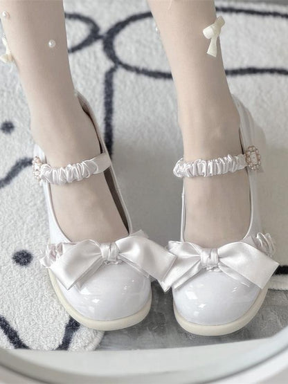 Leather - with Bead Off-white PU Mid Fastener Sweet Round Toe Heels Ornate Lolita