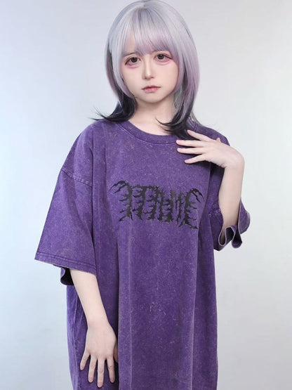 Neck Round Kei T-shirt Purple Jirai