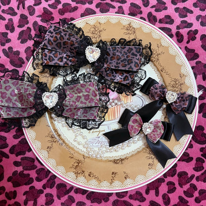 Pink Two BlackDark/Light Hairclips Chain Bowknot Rhinestone Heart Bead Decorated