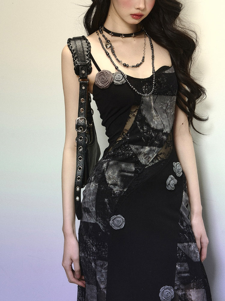 Black Floral Embellished Lace Patches Slim-fitting Cami Dress