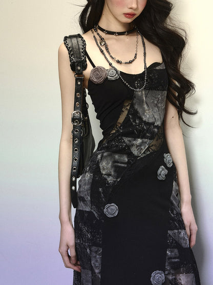 Black Floral Embellished Lace Patches Slim-fitting Cami Dress