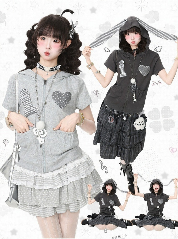 Gray Hooded Zip-Up Short Sleeve Top with Detachable Striped Bunny Ears & Heart Letter Patches - Languid Park