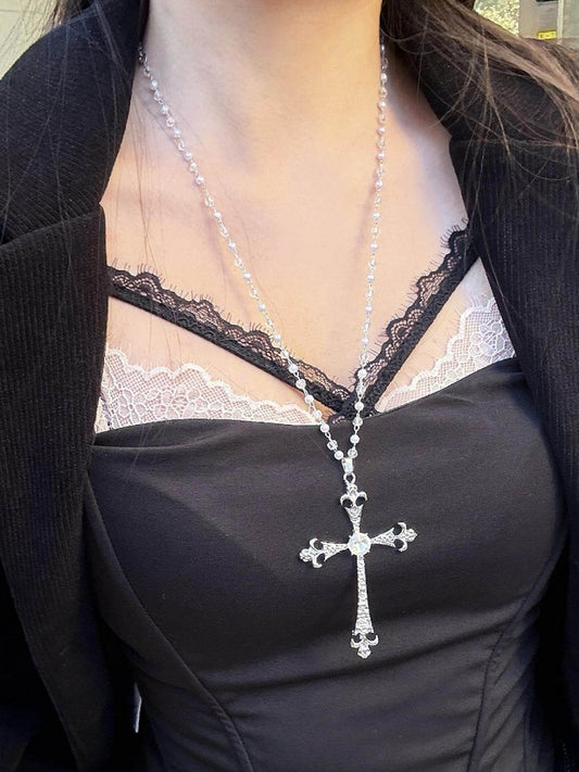 Beaded Monochrome Gothic Crucifix Pendant Necklace - WhaleHall