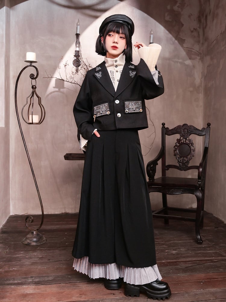 Black Pants with Regular/Thicken Cheongsam Gothic Hem Pleated Gray Wide-Leg