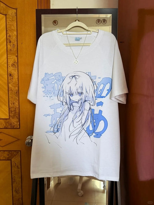 Kawaii Girl T-Shirt Print Yami Blue Anime Light