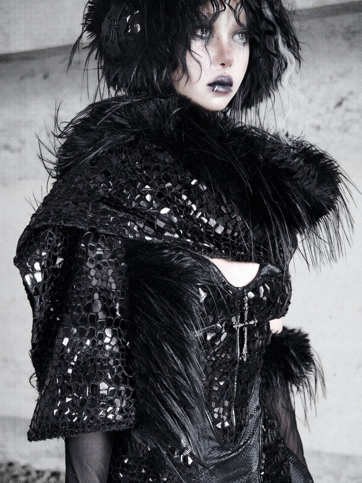 Black Fanx Fur and Glossy Scales Knitted Scarf